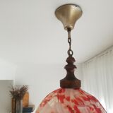 Art deco wood and  murano glass red globe hanging lamp