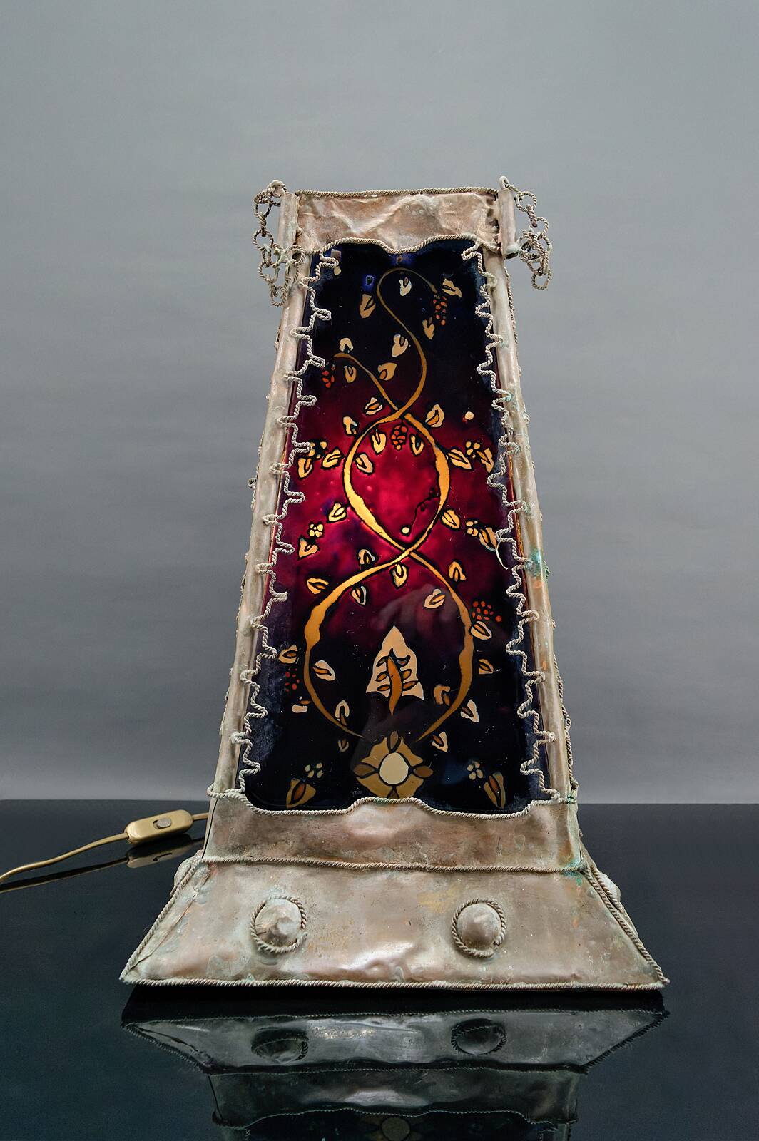 Moorish style lamp in patinated copper and painted glass, France, Mid-Century