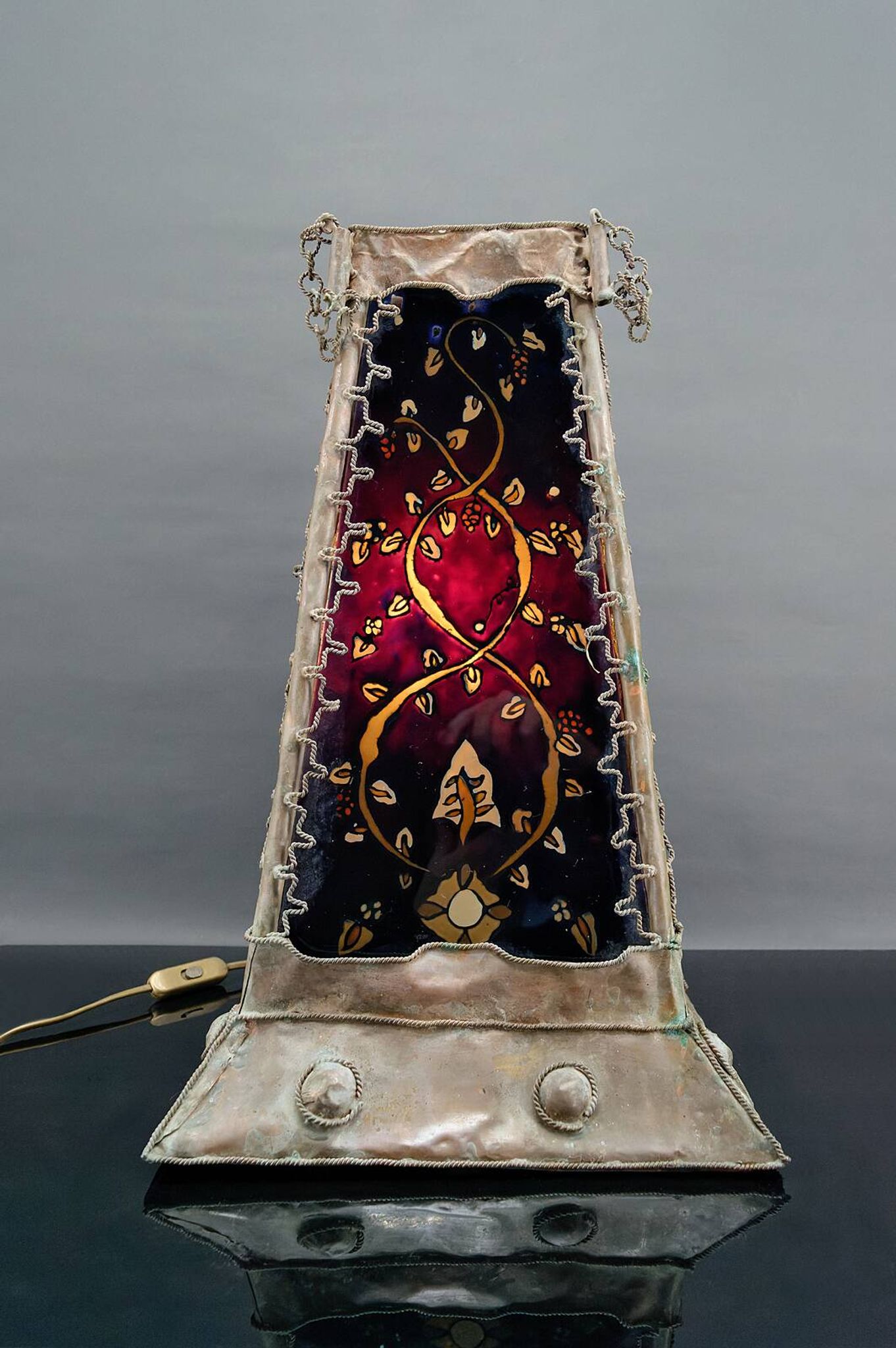 Moorish style lamp in patinated copper and painted glass, France, Mid-Century