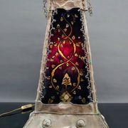 Moorish style lamp in patinated copper and painted glass, France, Mid-Century