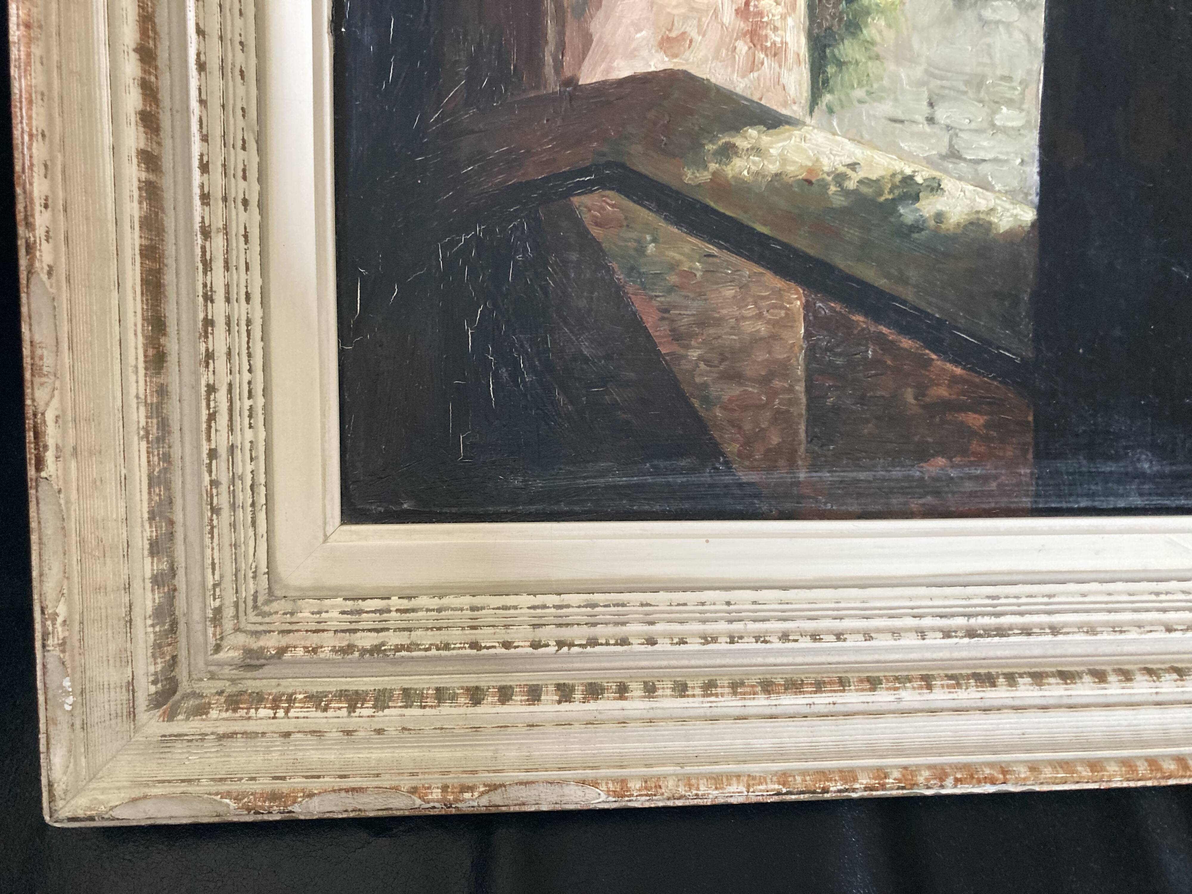 Framed oil fountain painting