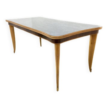 Table à manger en hêtre et érable avec plateau en verre bleu à motifs, Italie