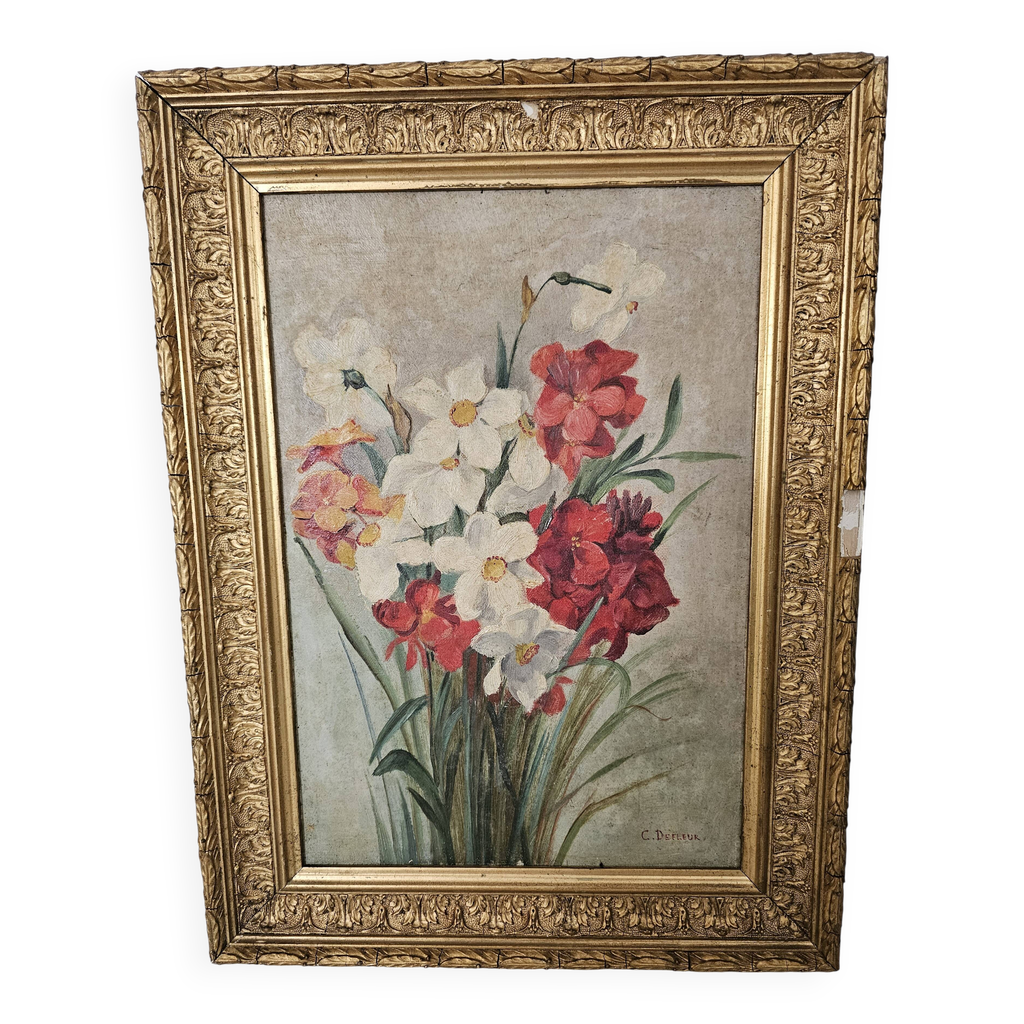 Tableau Huile sur Toile - Nature Morte Fleurs bouquet aux Dahlias Signé ...