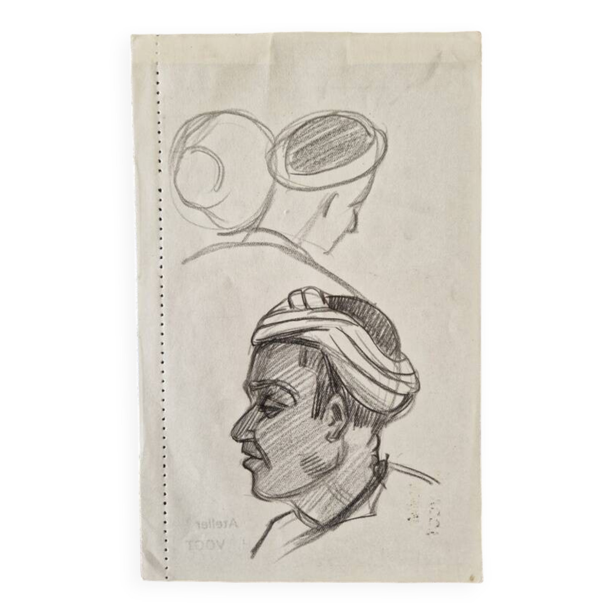 Hélène Vogt (1902-1994) - Dessin au fusain sur papier - Portrait marocain