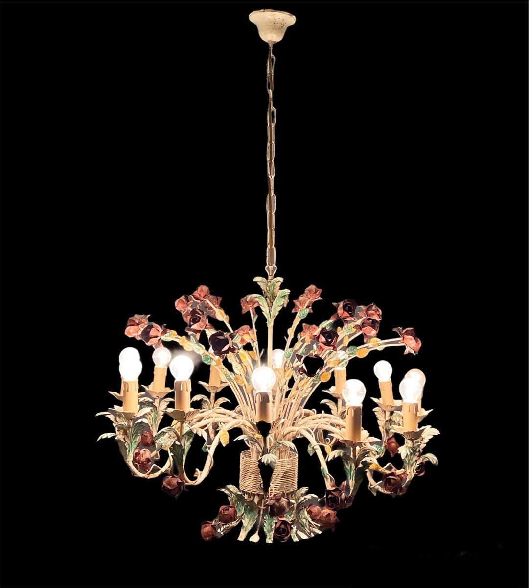 Large Vintage Italian Tole Flower Chandelier with 12 Lights