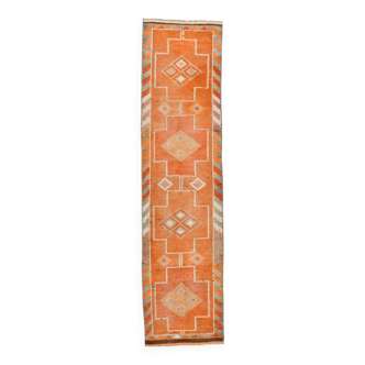 Tapis de couloir Vintage Anatolien Fait Main, Années 60, Orange Citrouille, 84x343