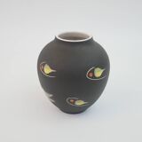 Small black ceramic vase with abstract fish and wave pattern