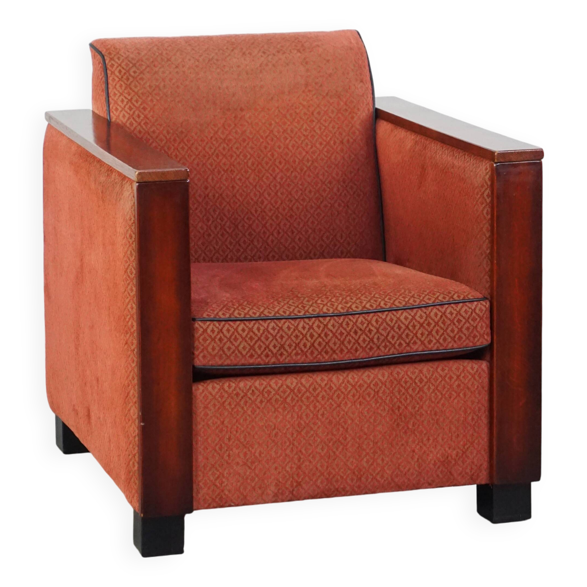 Art Deco design armchair with red fabric upholstery and wooden details