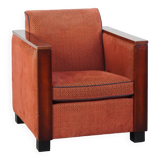 Art Deco design armchair with red fabric upholstery and wooden details