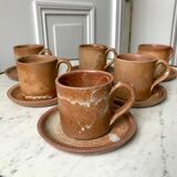 Set of 6 handcrafted stoneware cups and sub-cups 70s