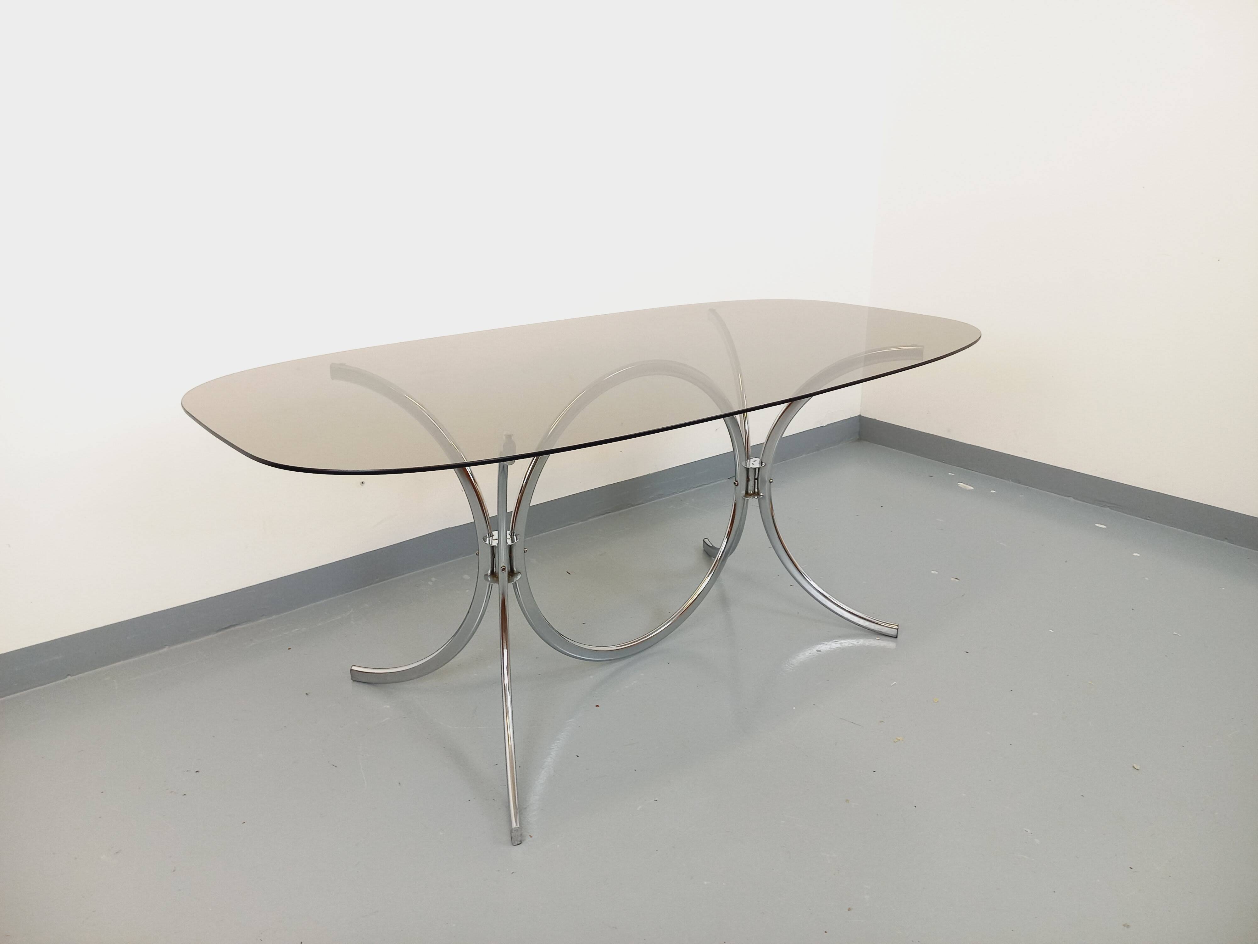 Vintage rectangular rounded dining table in smoked glass and chrome metal