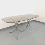 Vintage rectangular rounded dining table in smoked glass and chrome metal
