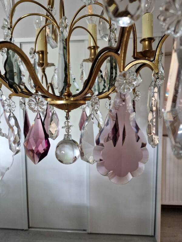 Brass cage chandelier and crystal pendants with 8 lights and 79 pendants