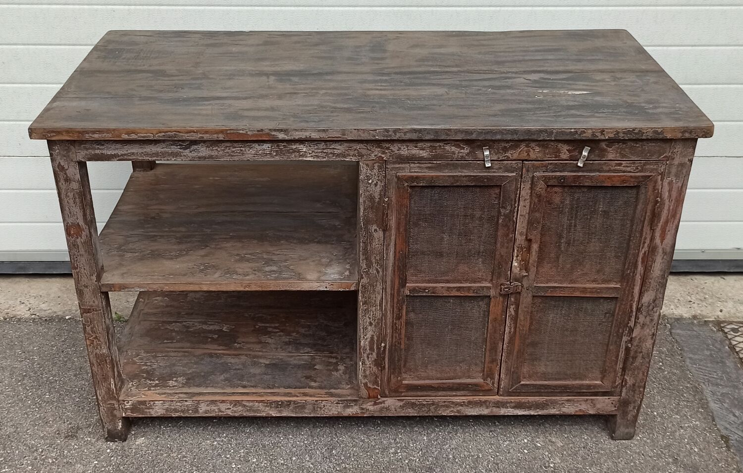 Antique wooden and metal accent furniture with mesh doors