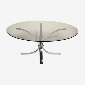 Table basse vintage, pied central en aluminium et plateau circulaire verre
