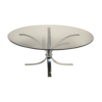 Vintage coffee table, aluminum center stand and circular glass top