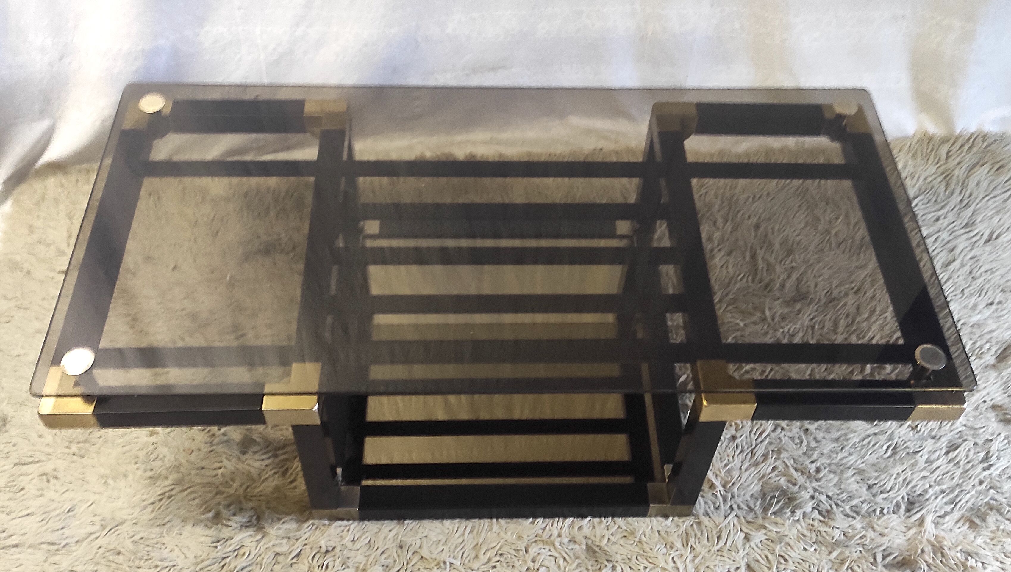 Designer coffee table in metal and smoked glass, 70s-80s