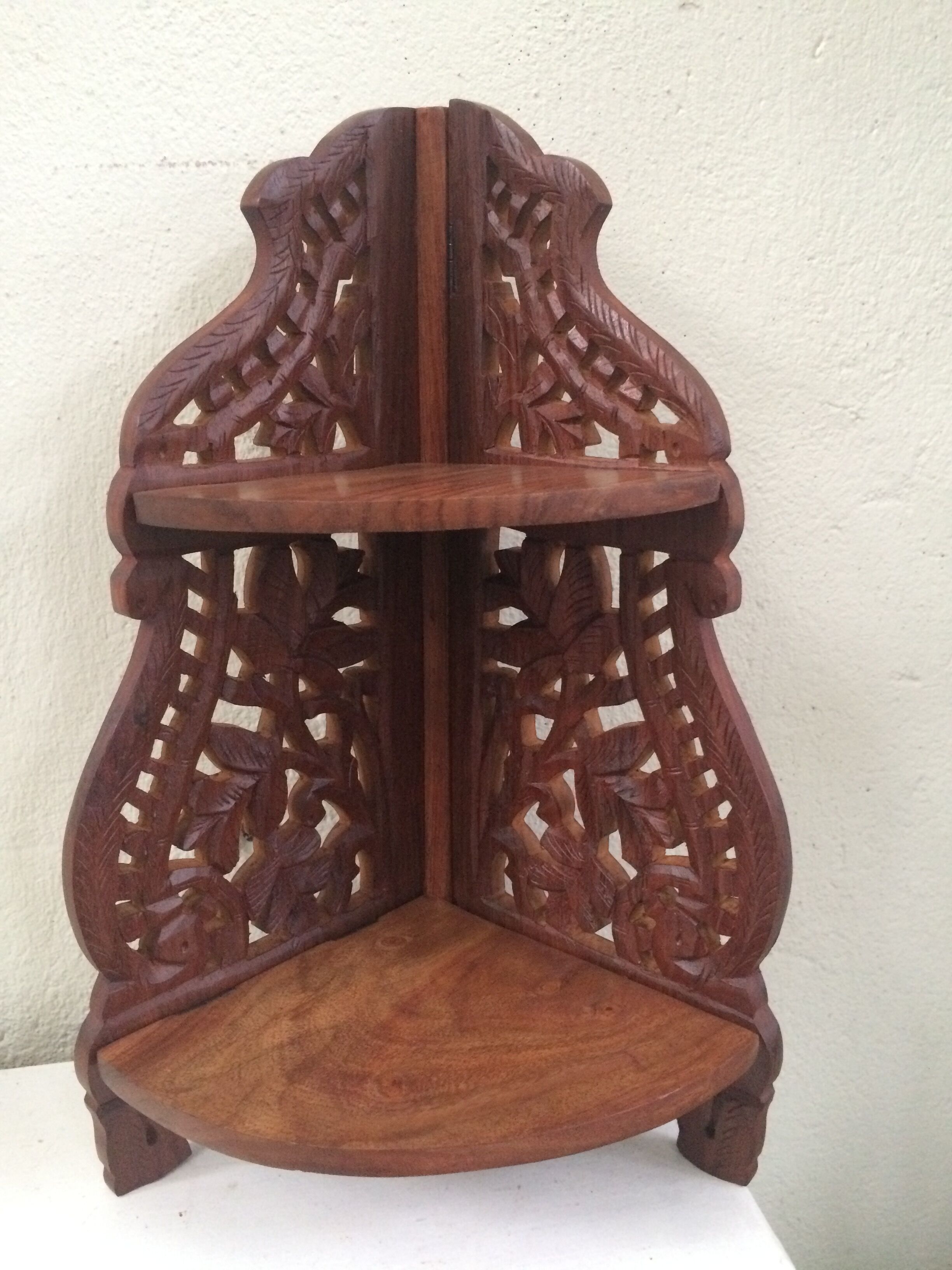Folding corner shelf wooden crafted with sculpted flowers