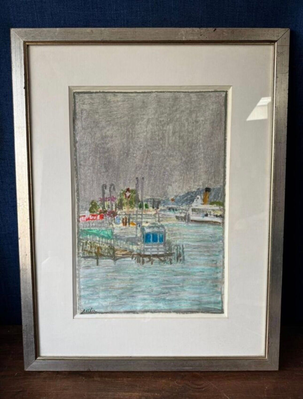 Tableau Marine. Original pastel signed by Henri Reiter. Port Normandie.