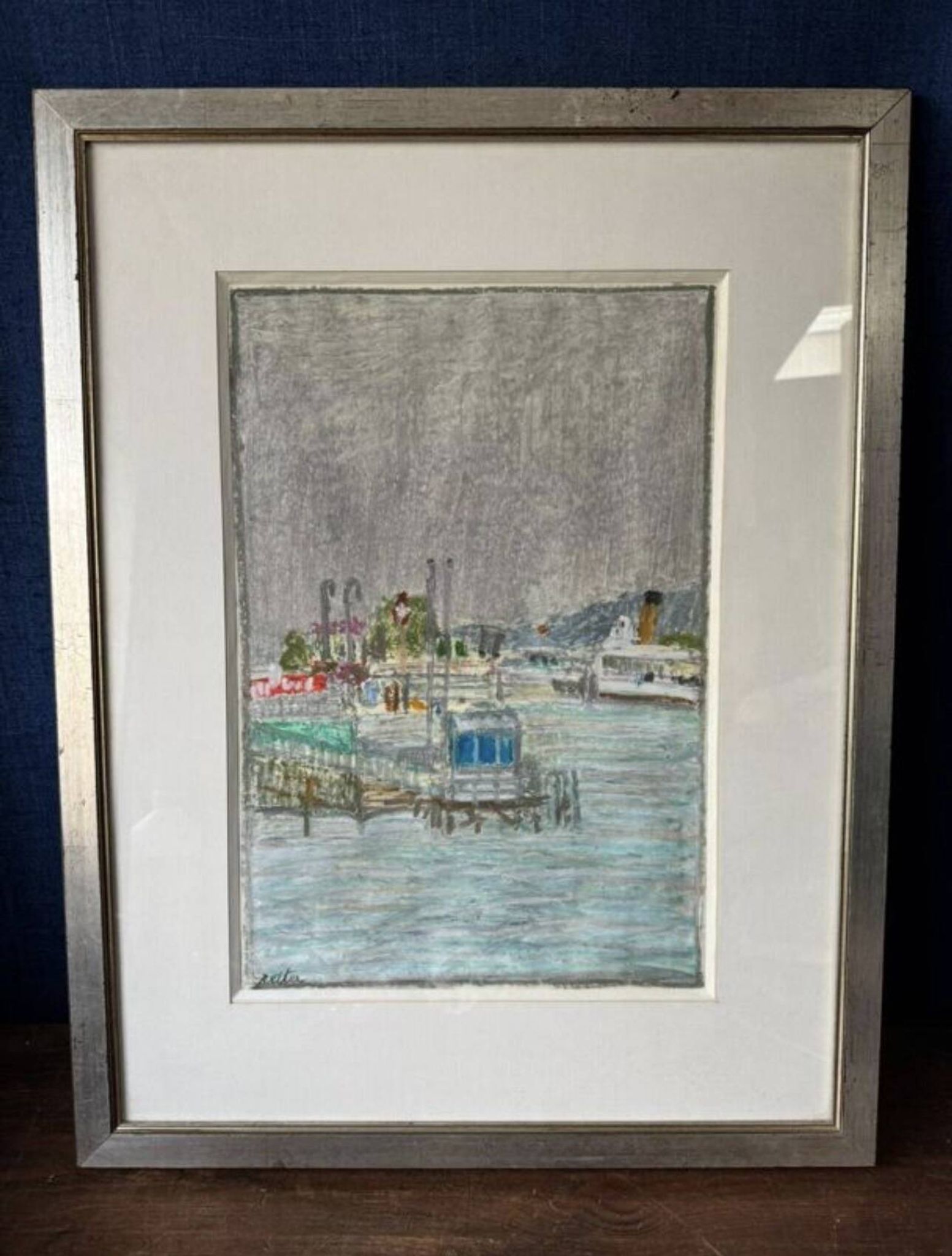 Tableau Marine. Original pastel signed by Henri Reiter. Port Normandie.