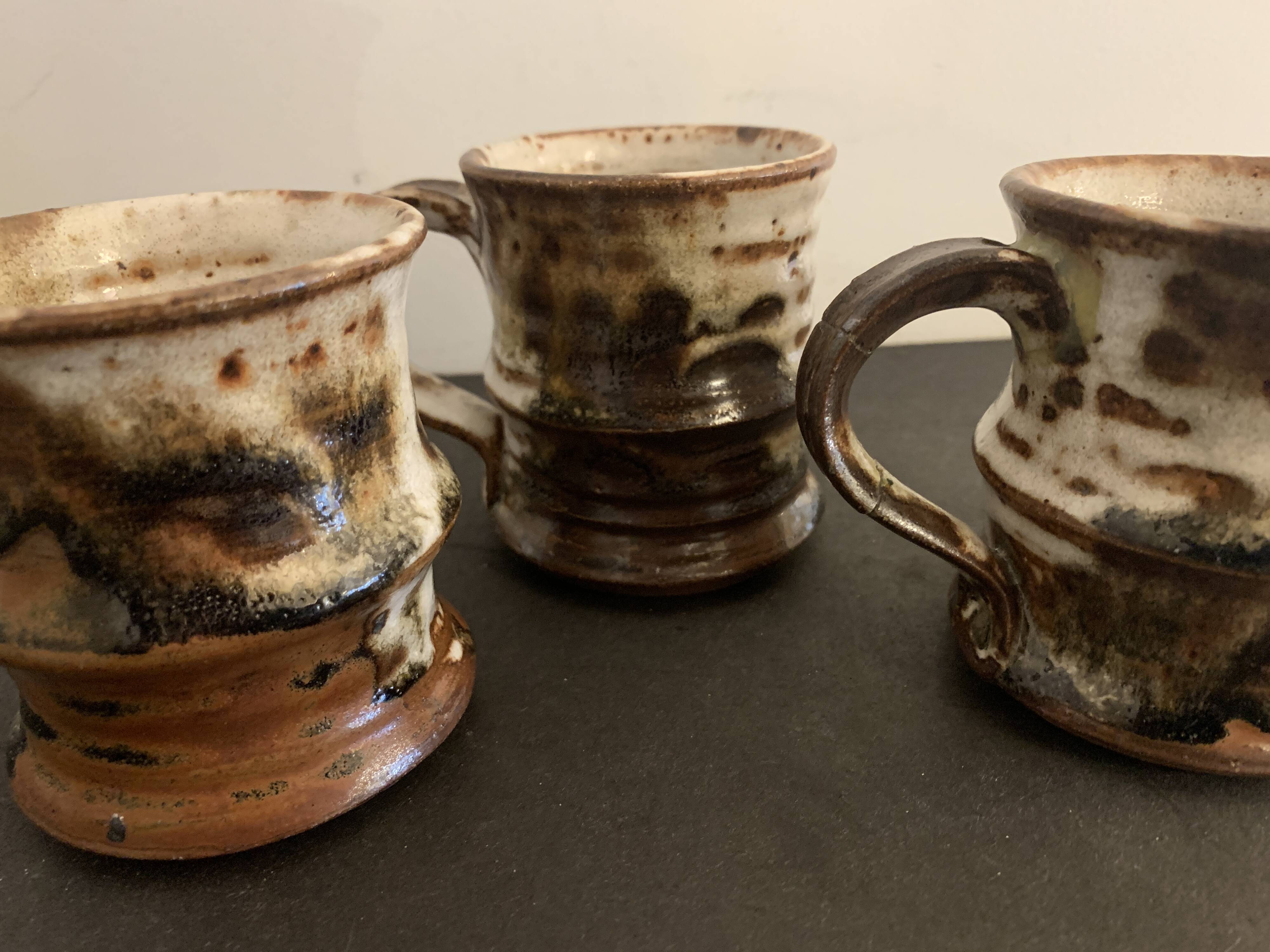 Set of 3 Danish Waldorff cups and 3 saucers in glazed stoneware