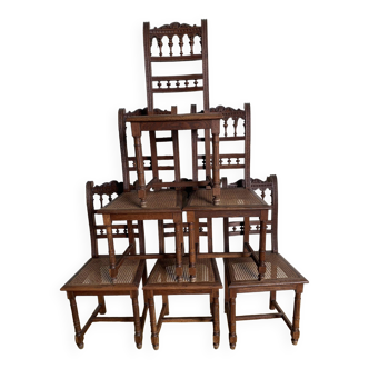 6 chaises bois sculpté assises cannées