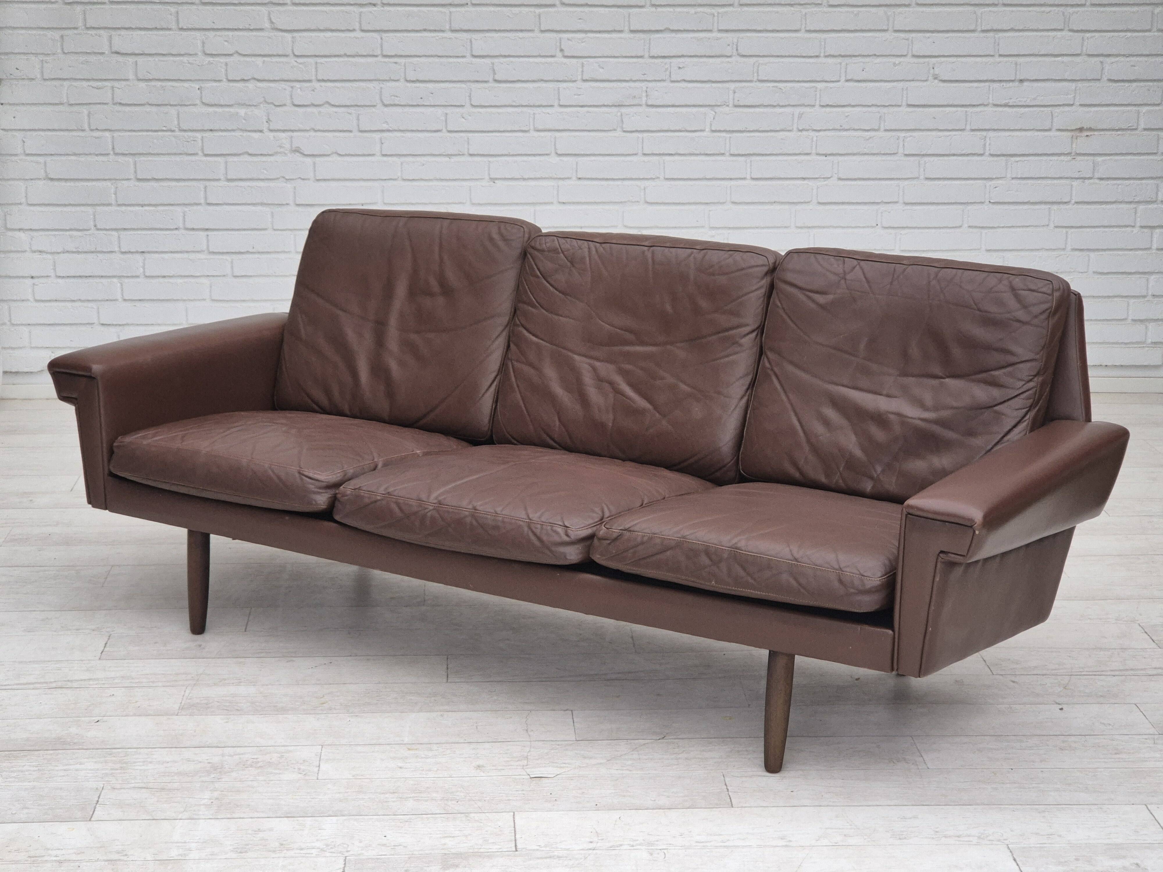 1970s, Danish 3-seater sofa, original brown leather.