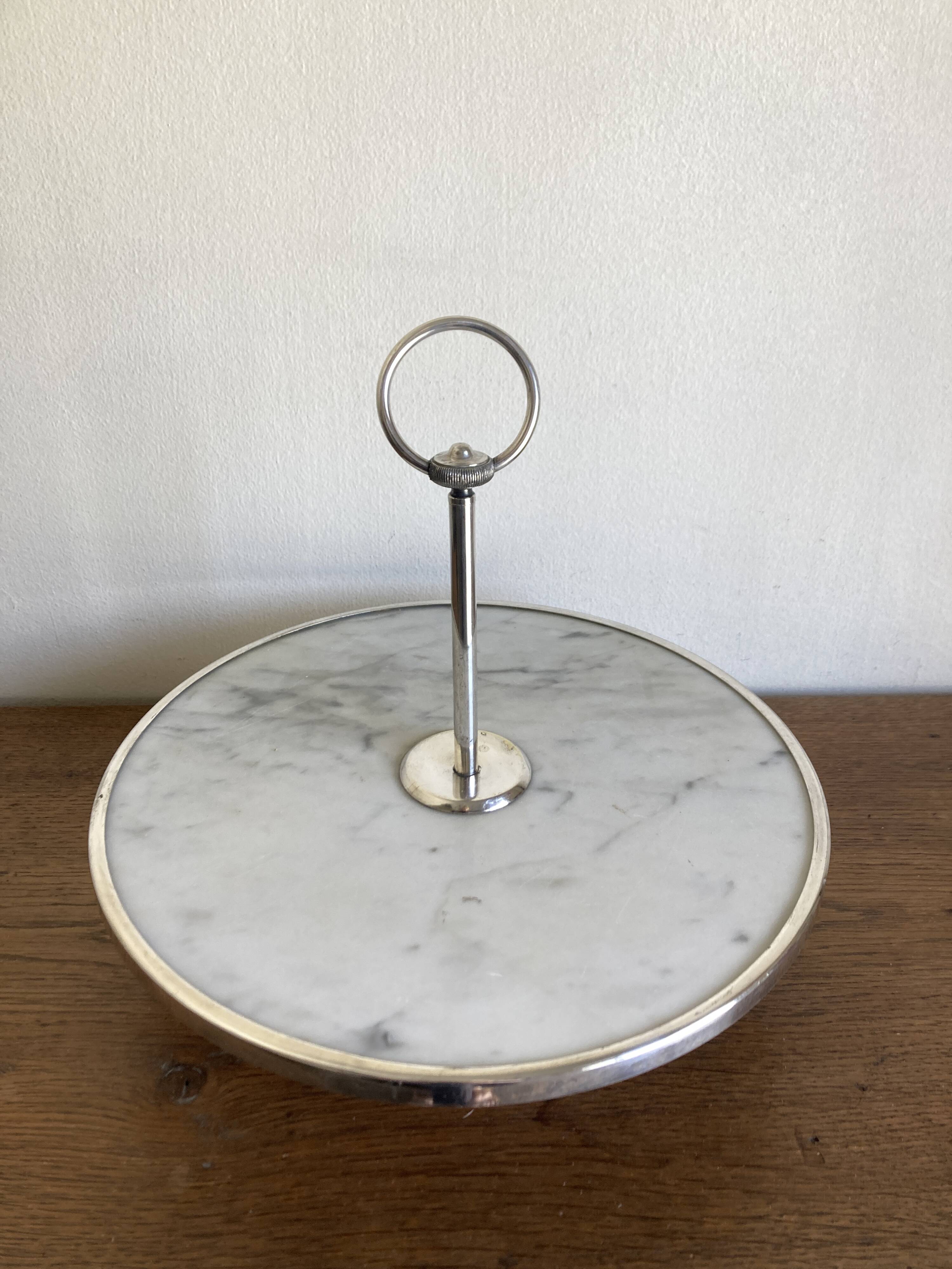 Silver-plated rotating platter and white marble pastry stand 1960 neoclassical