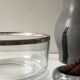 Large glass salad bowl with chrome metal rim, Bormioli Rocco Italy 1970.