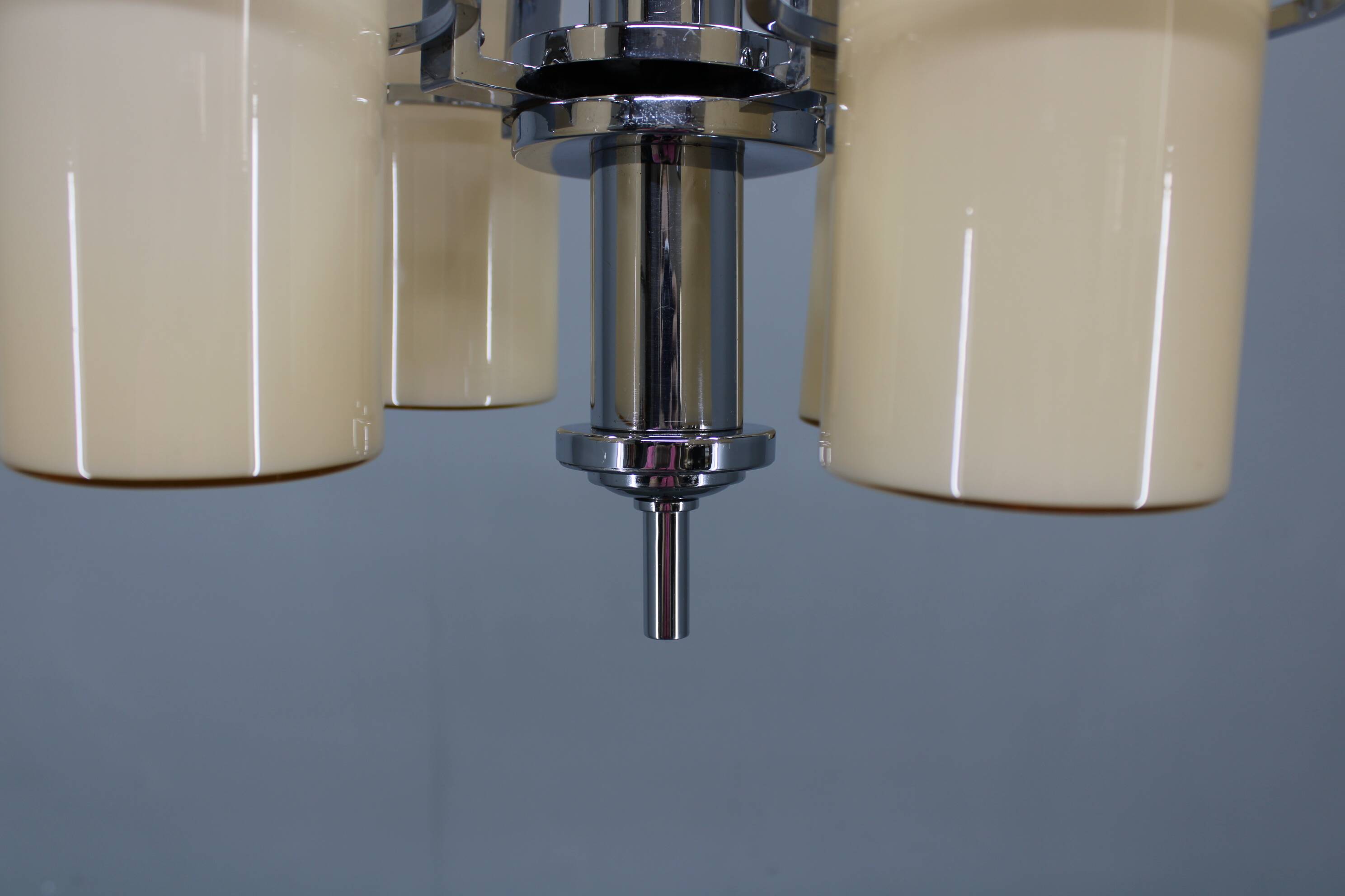 Restored Bauhaus/Art Deco chrome & glass chandelier, Czechoslovakia, 1930s