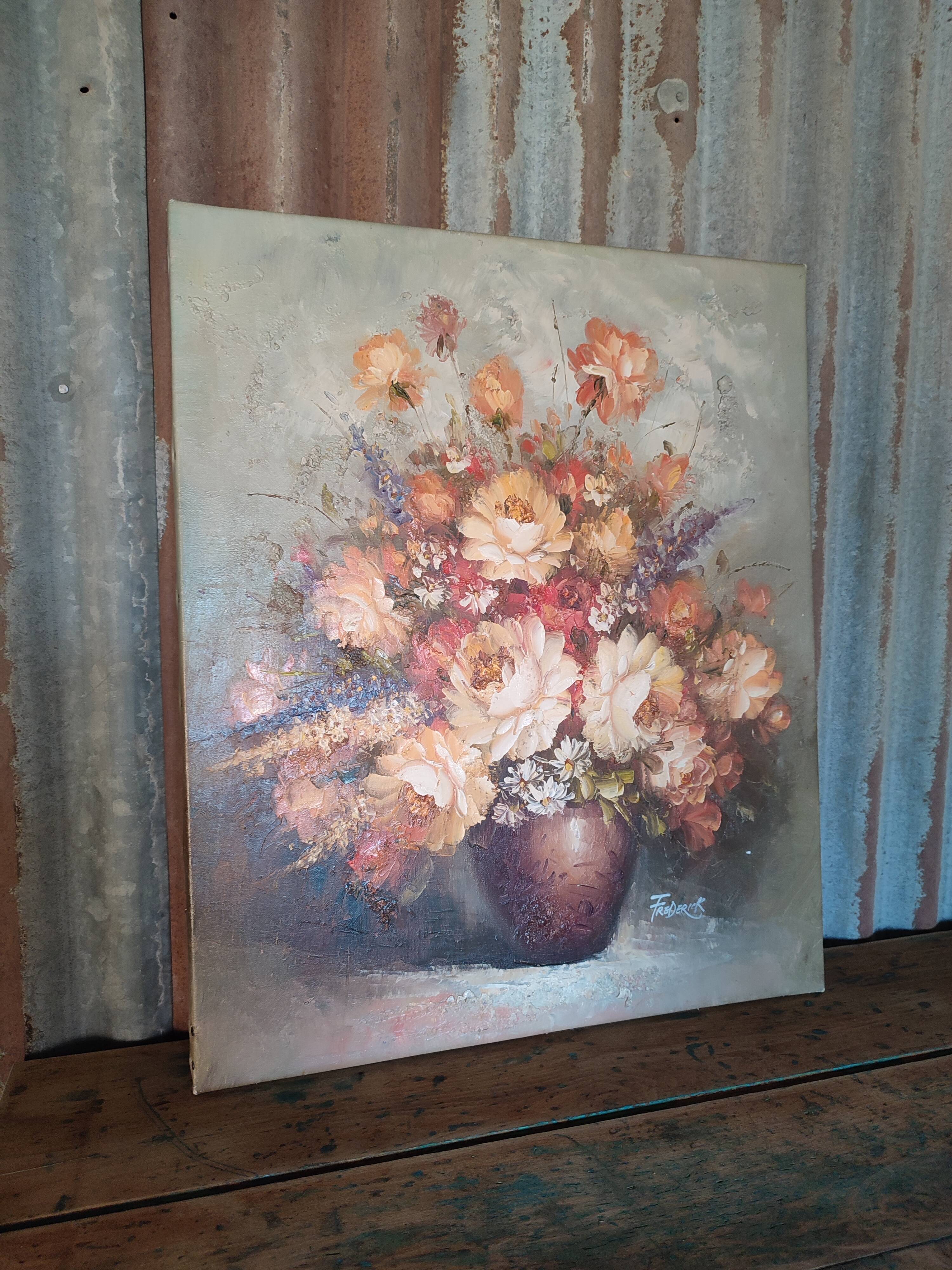 Bouquet de fleurs : Tableau ancien huile sur toile
