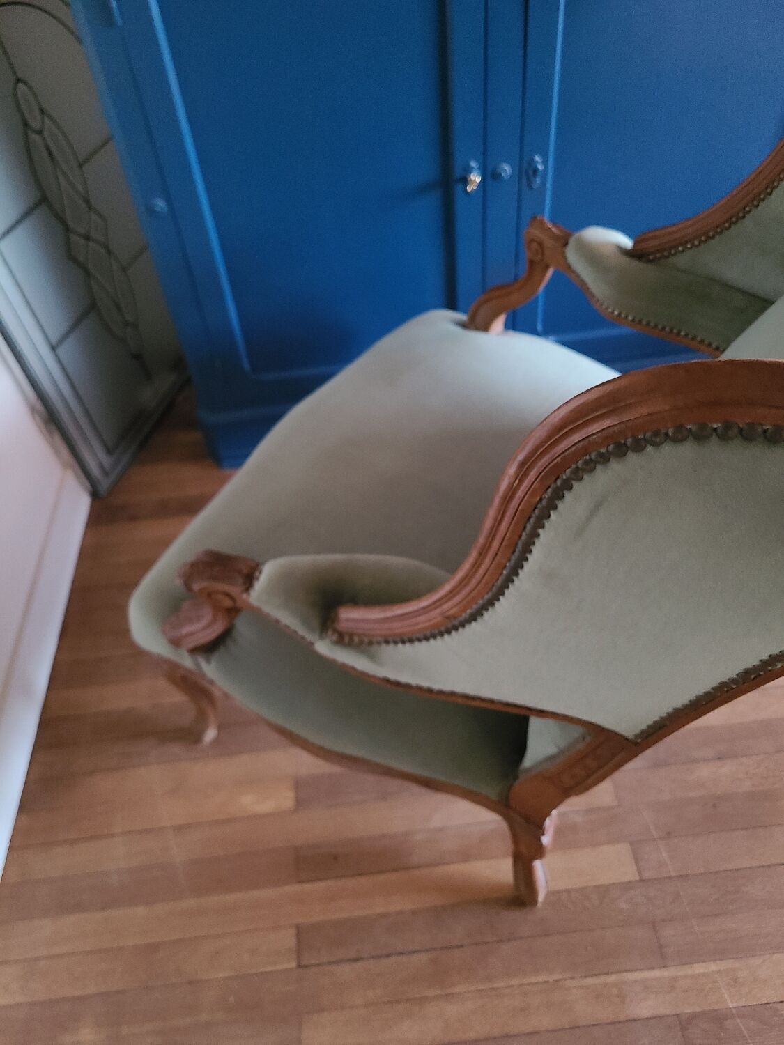 Vintage Louis XV style wing chair, light green velvet