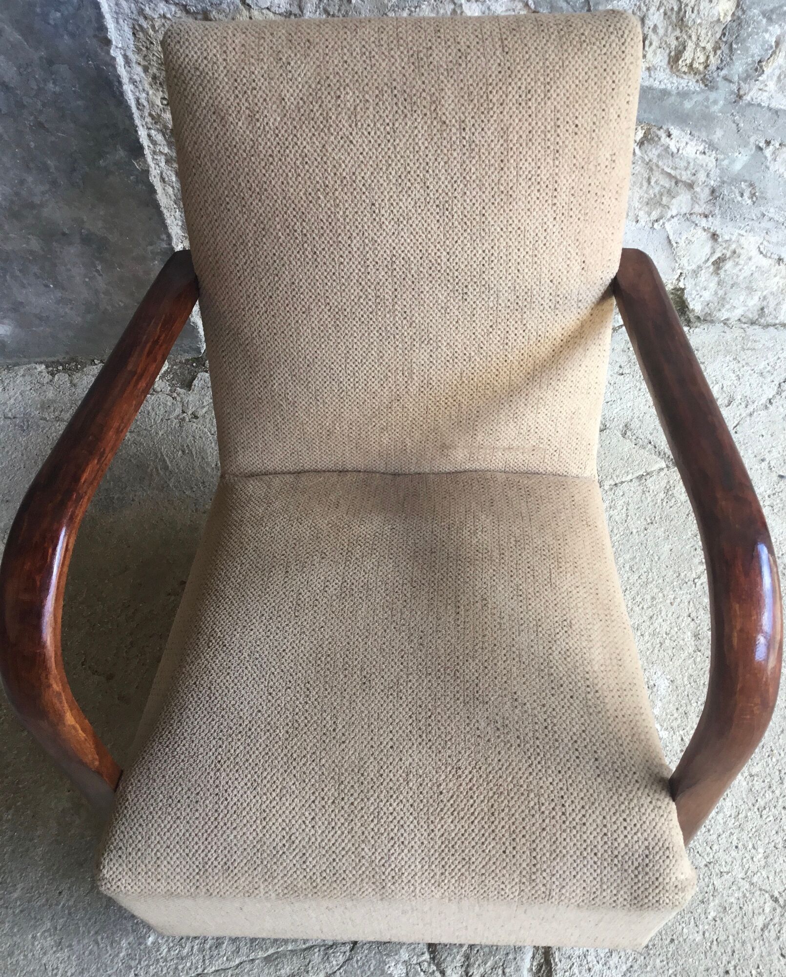 Art Deco armchair - curved wooden armrests - wool coating - mid-twentieth century