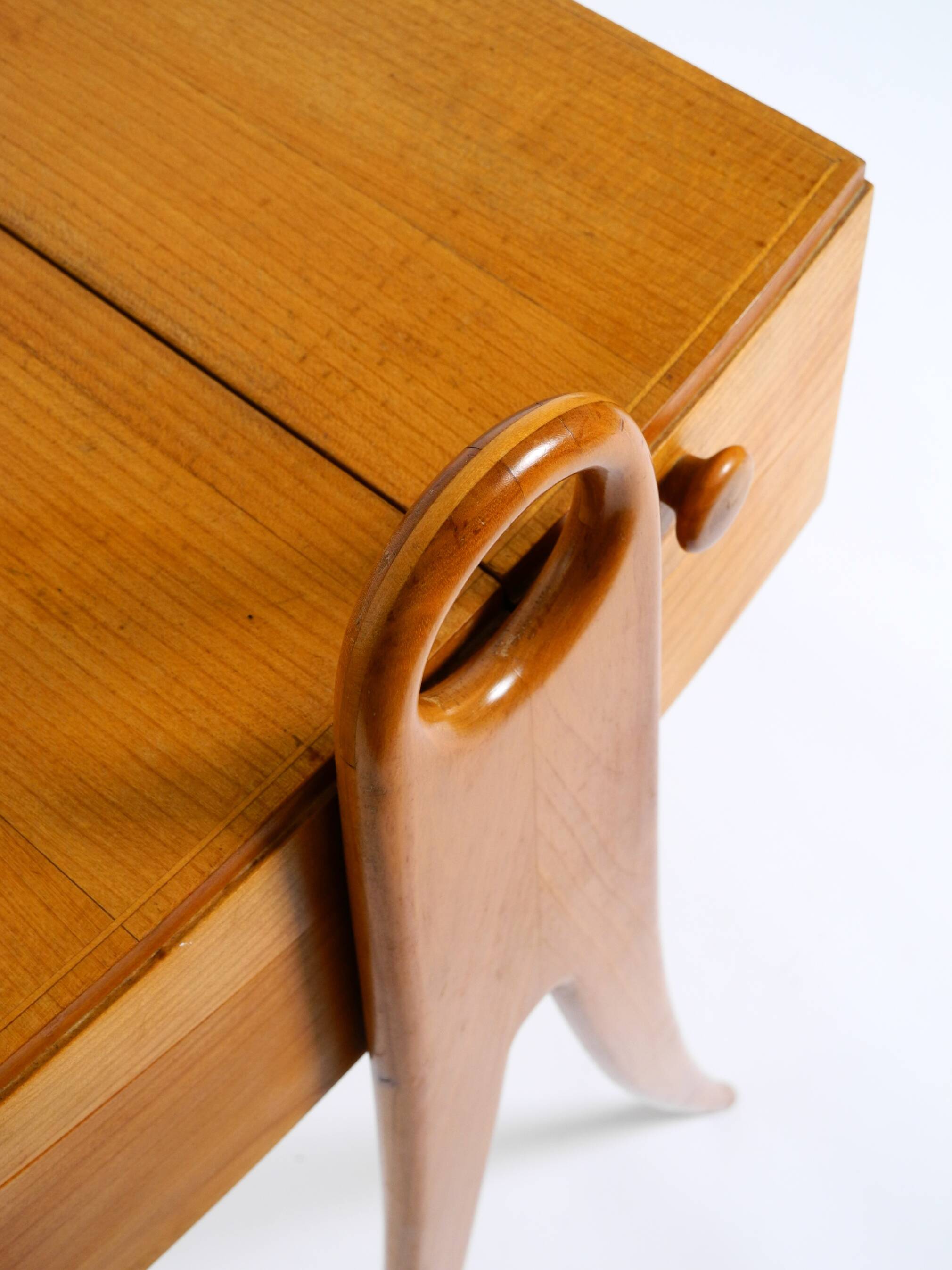 1950s ash wood sewing box, with a hinged top, multiple compartments