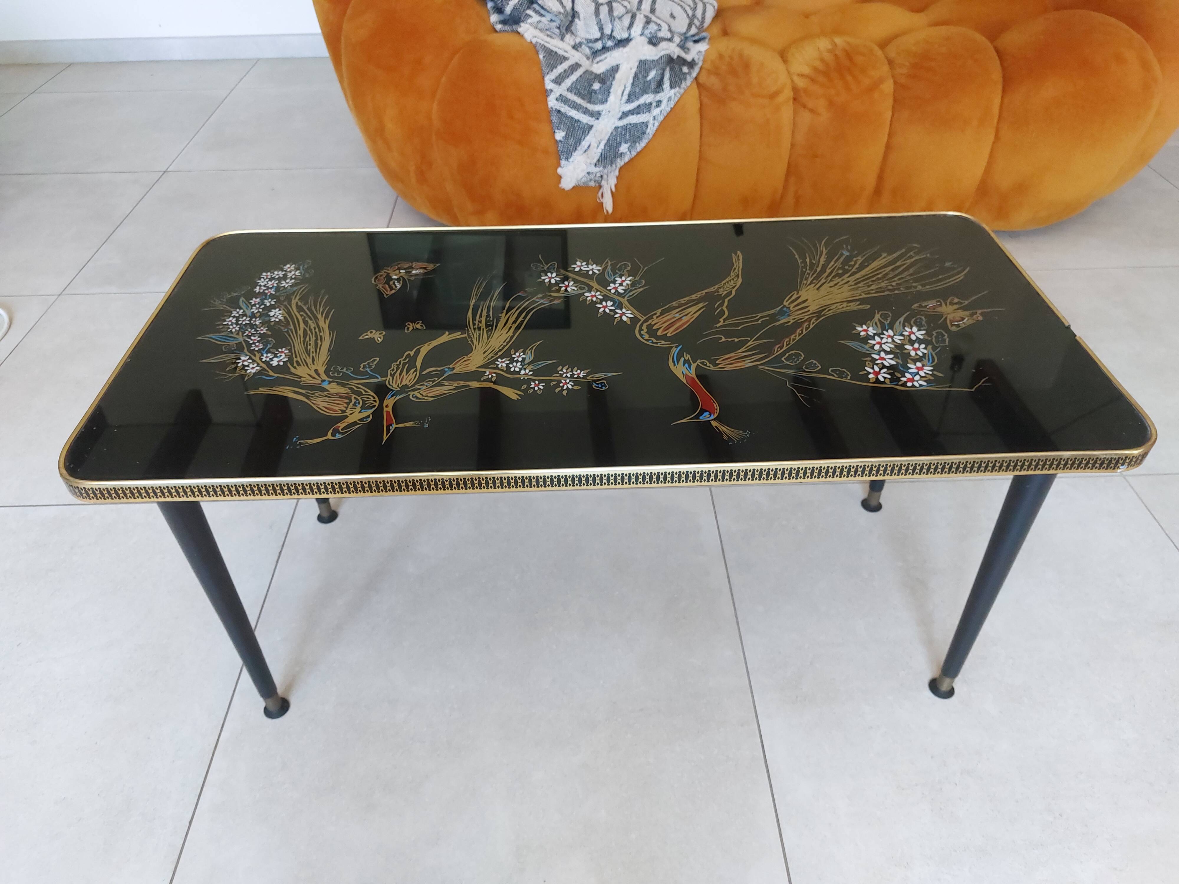 Japanese patterned coffee table, tapered legs and brass, vintage.