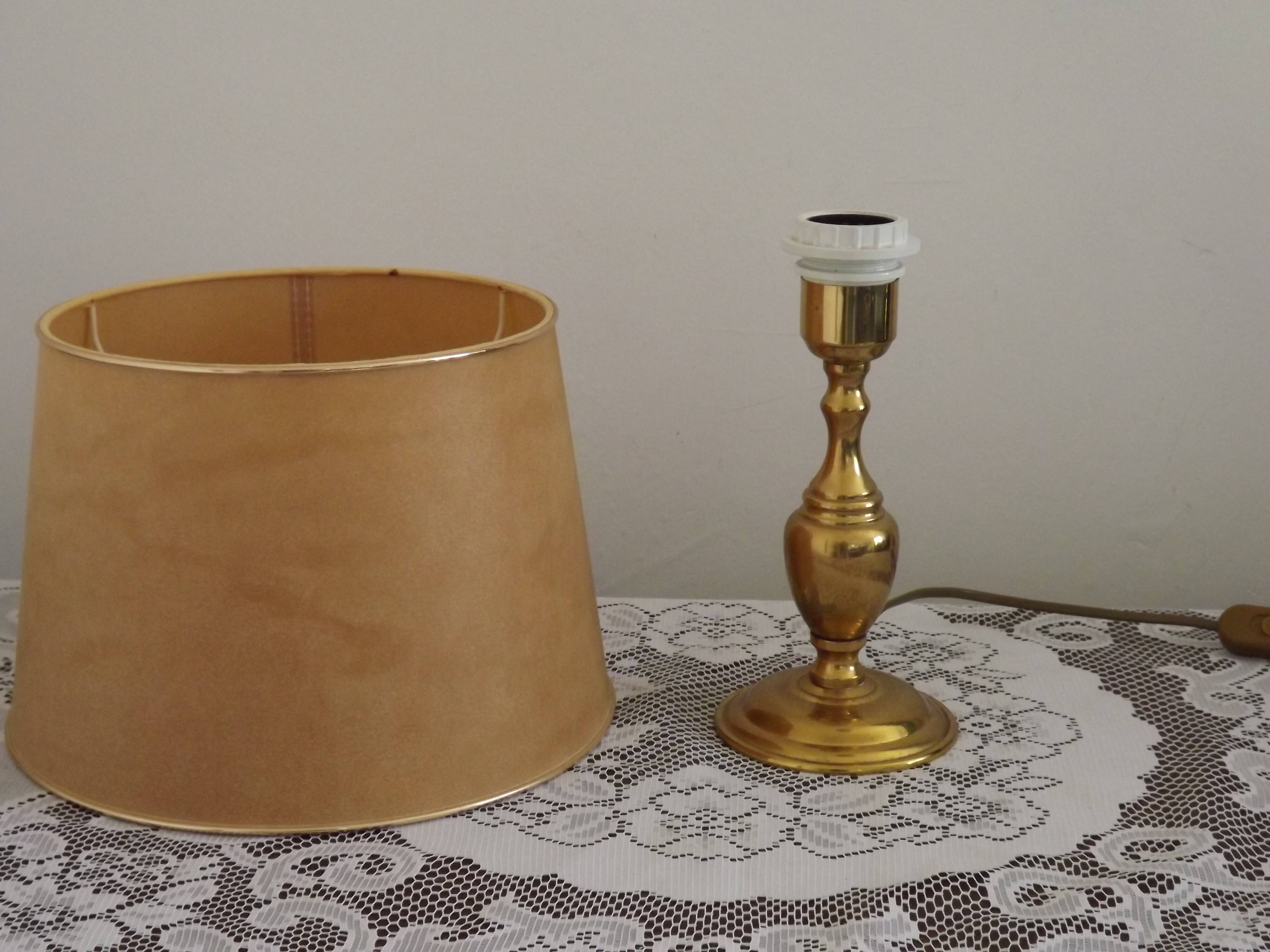 Vintage French Round Brass Table Lamp With Beige and Gold Shade
