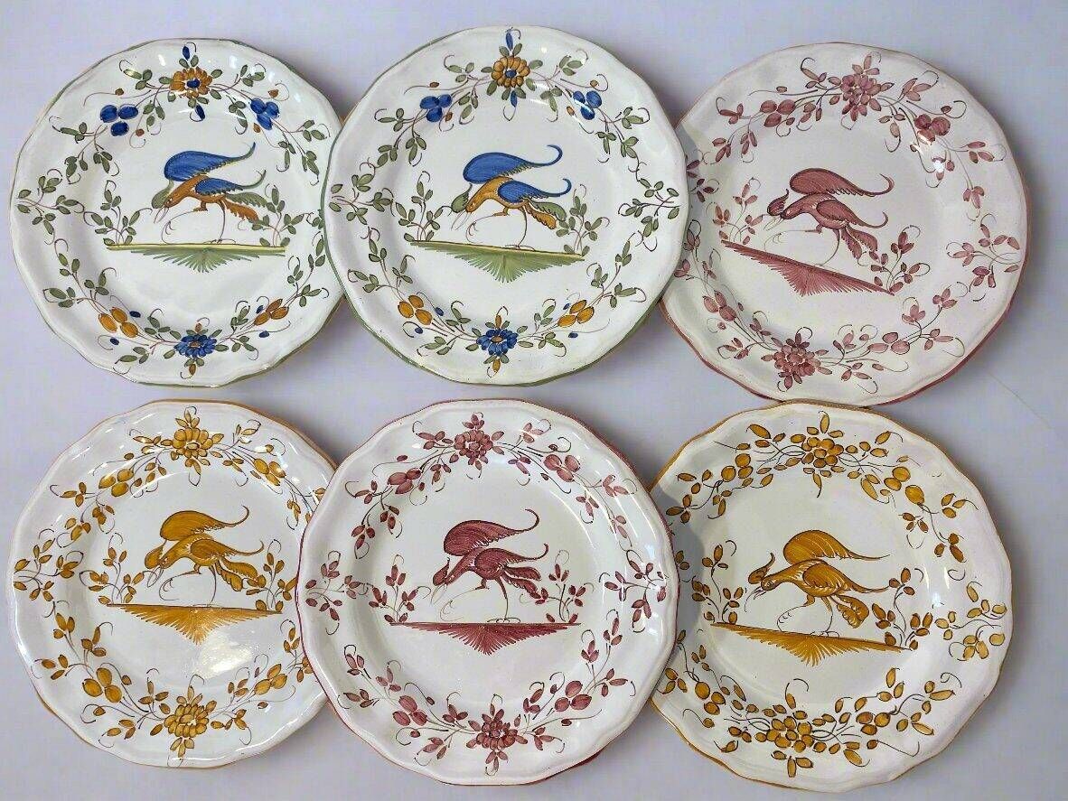 Set of 6 earthenware plates from Moustiers, featuring birds and flowers.