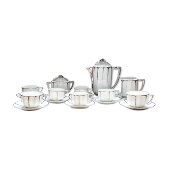 Service à café Limoges style art déco blanc et argent