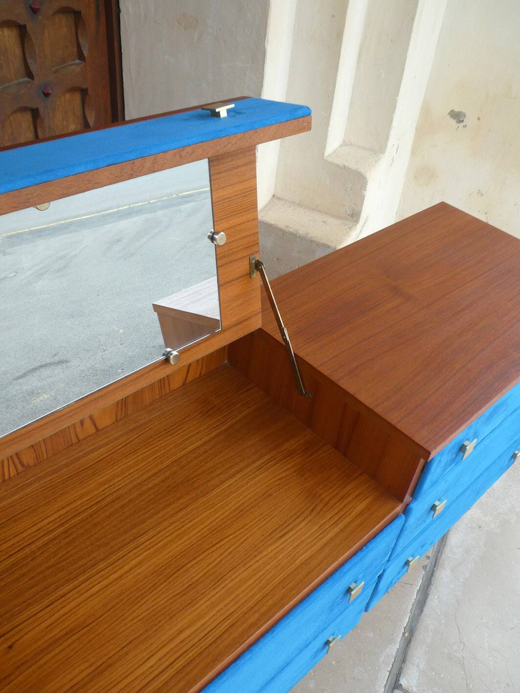 Teak and suede chest of drawers/dressing table, 1950