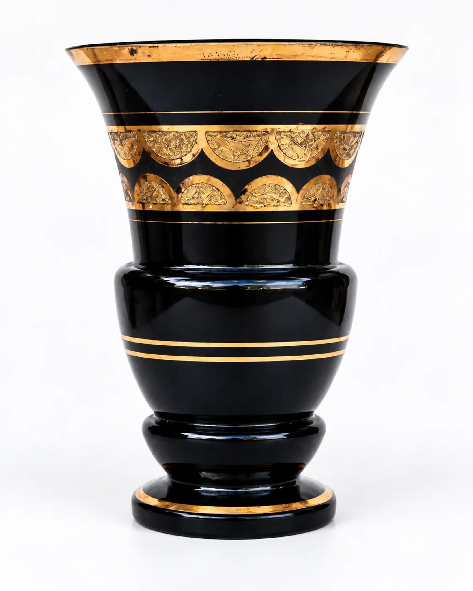 Superb Large Art Deco Ruppel Boom Vase – Black Glass with Fine Gold Gilding