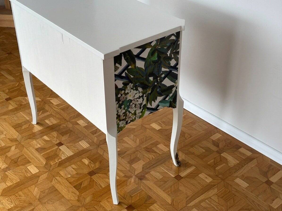 Gustavian commode with wallpaper from Christian Lacroix, 1950s