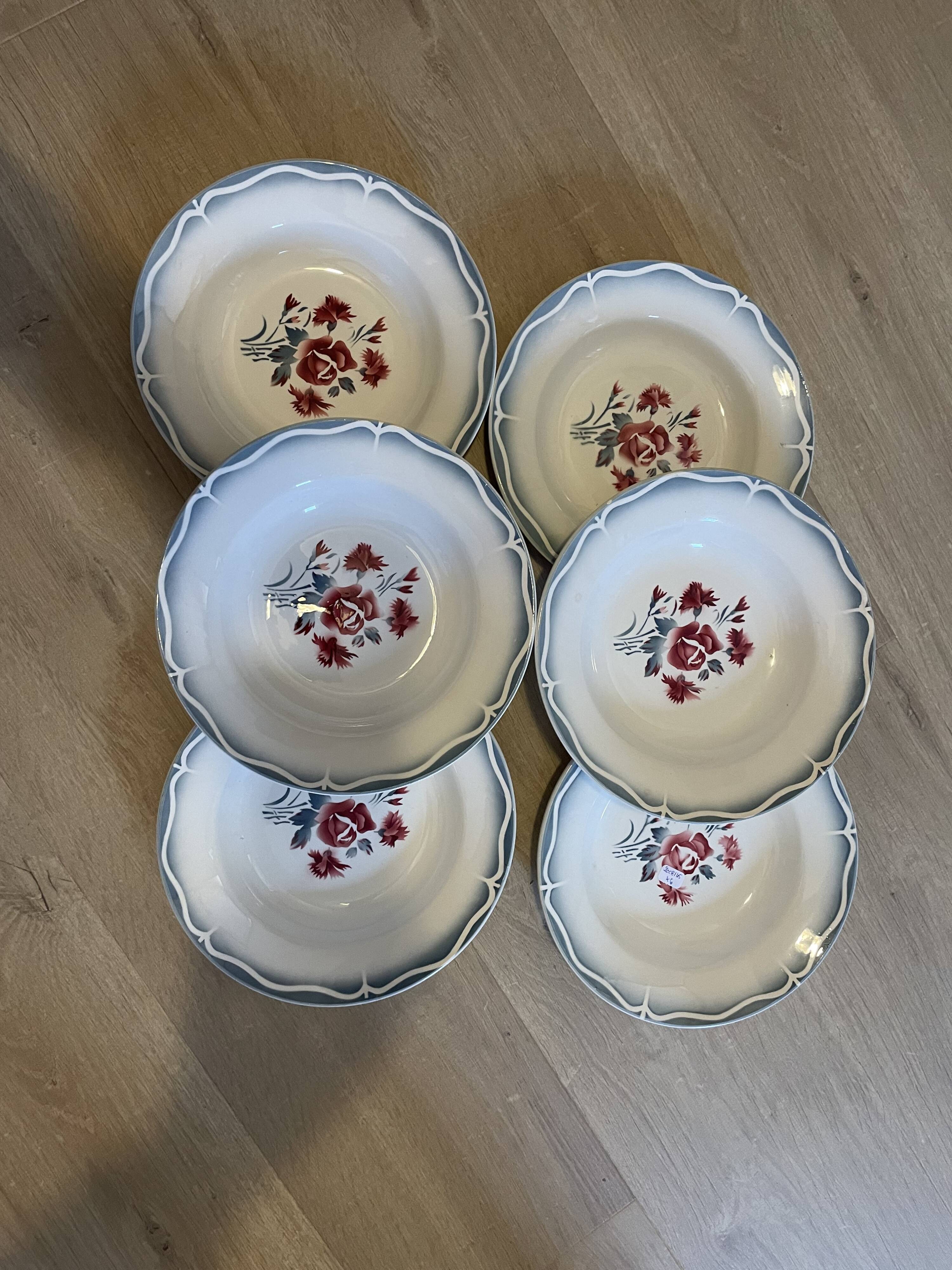 6 vintage Digoin Sarreguemines soup plates, Nina Rosa model