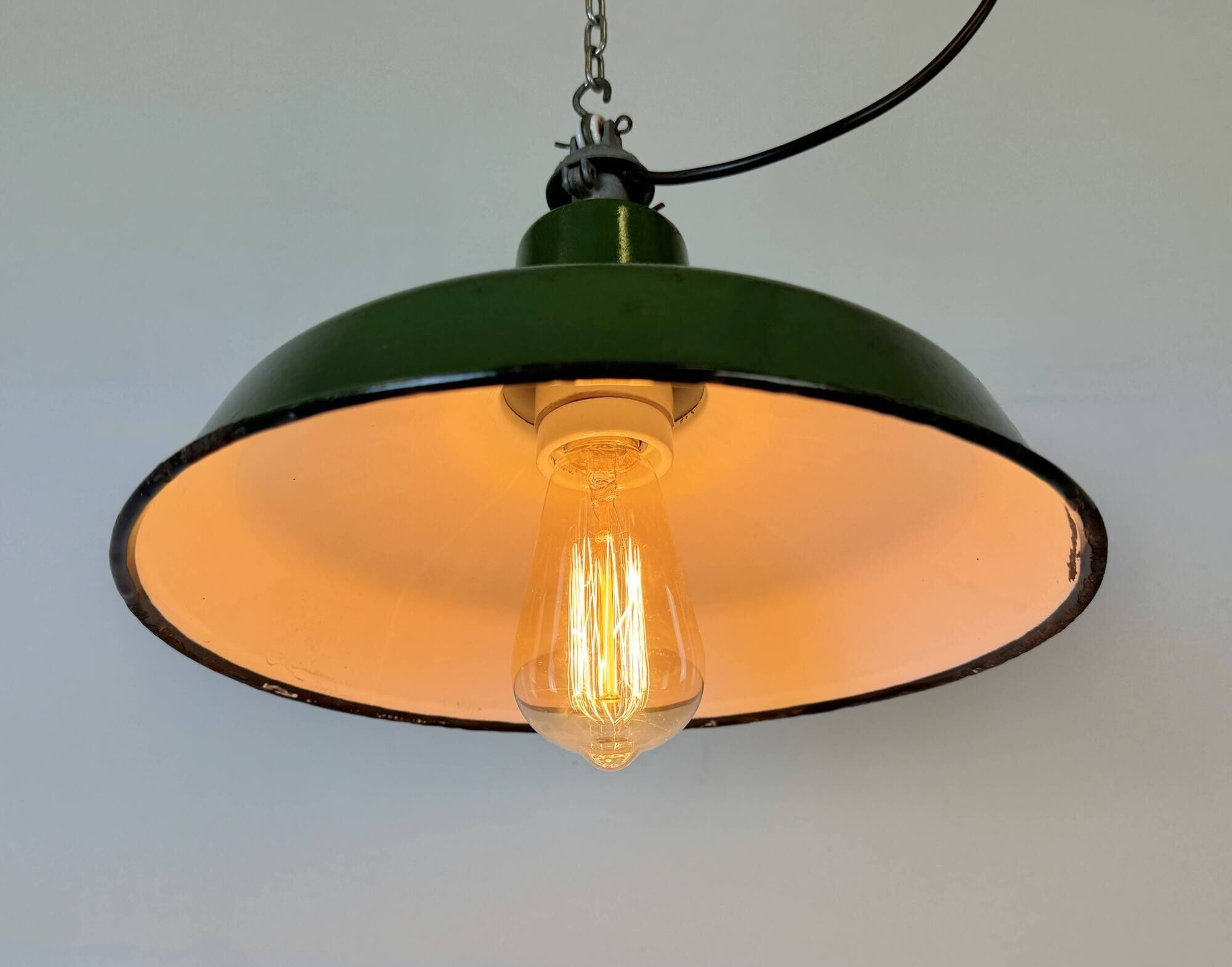 Industrial French Green Enamel Factory Lamp, 1960s