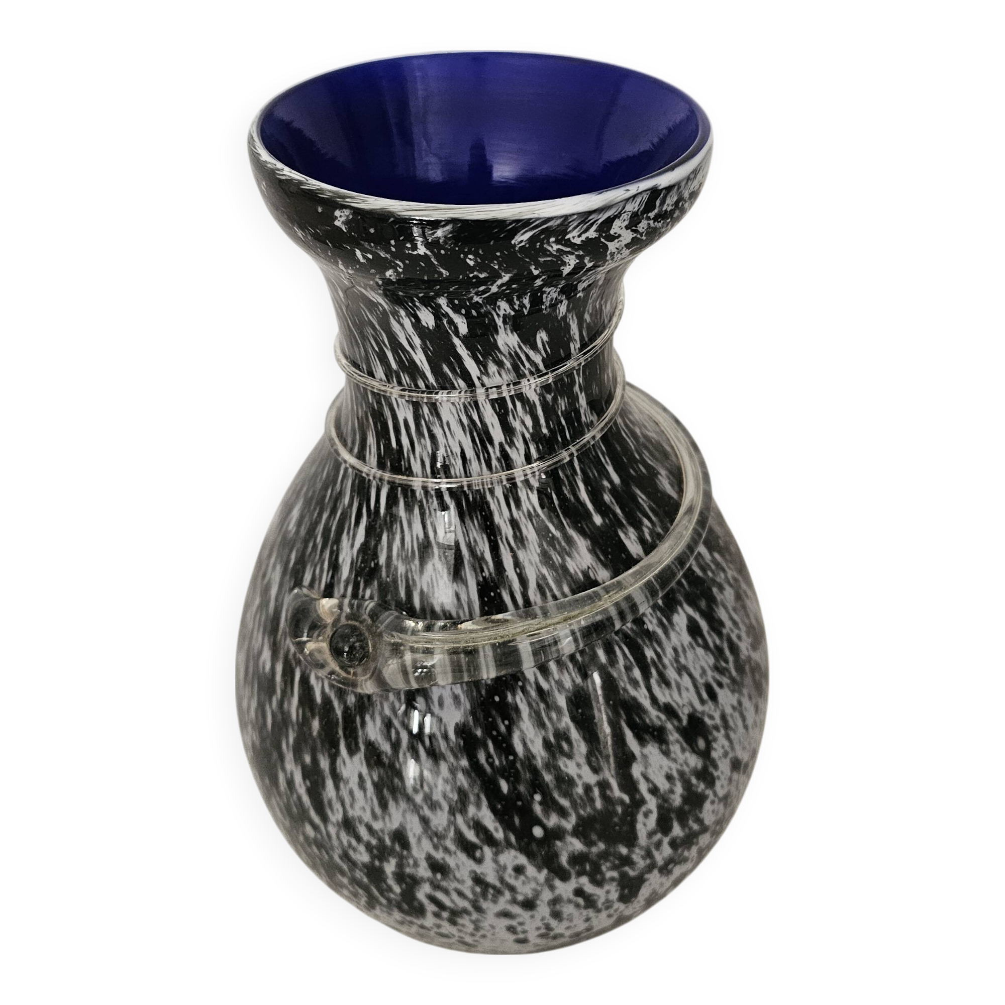 Blown glass vase with black snake decoration with white speckles