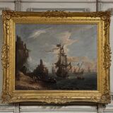 "View of a Busy Port" Oil on Canvas and its Frame, 18th Century