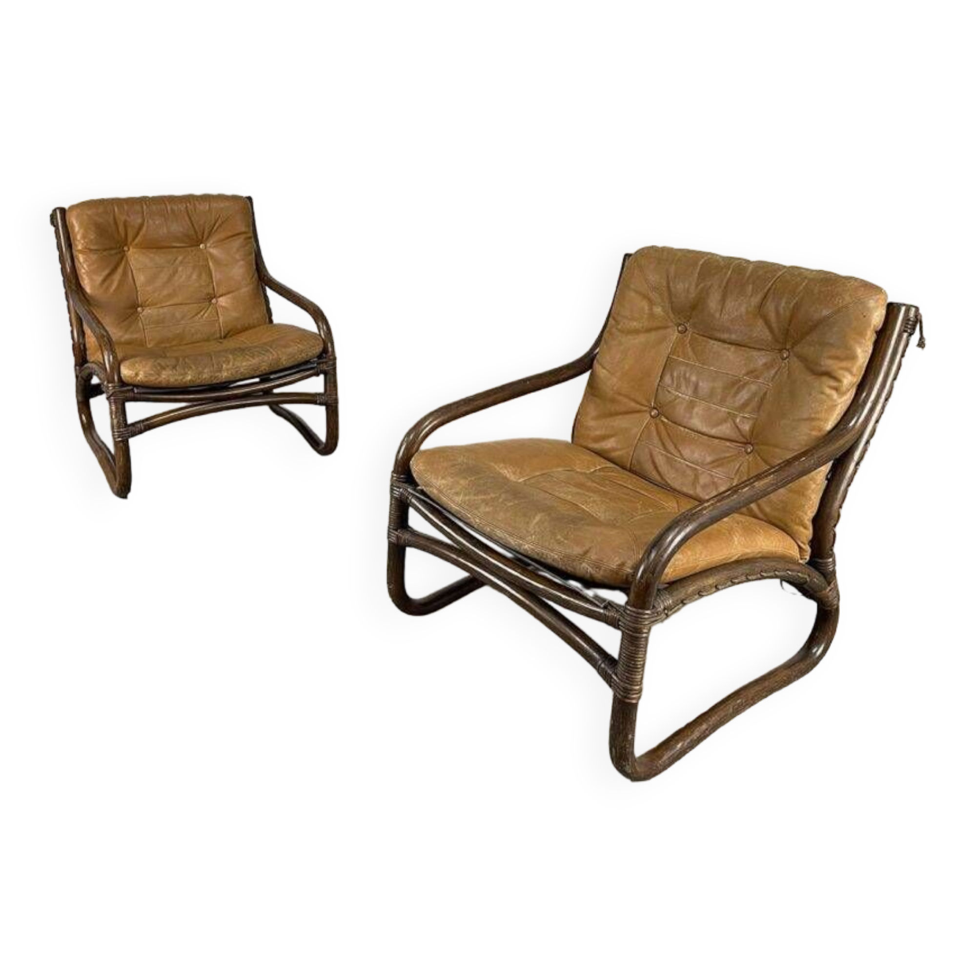 Vintage bamboo and leather armchairs from the 60s