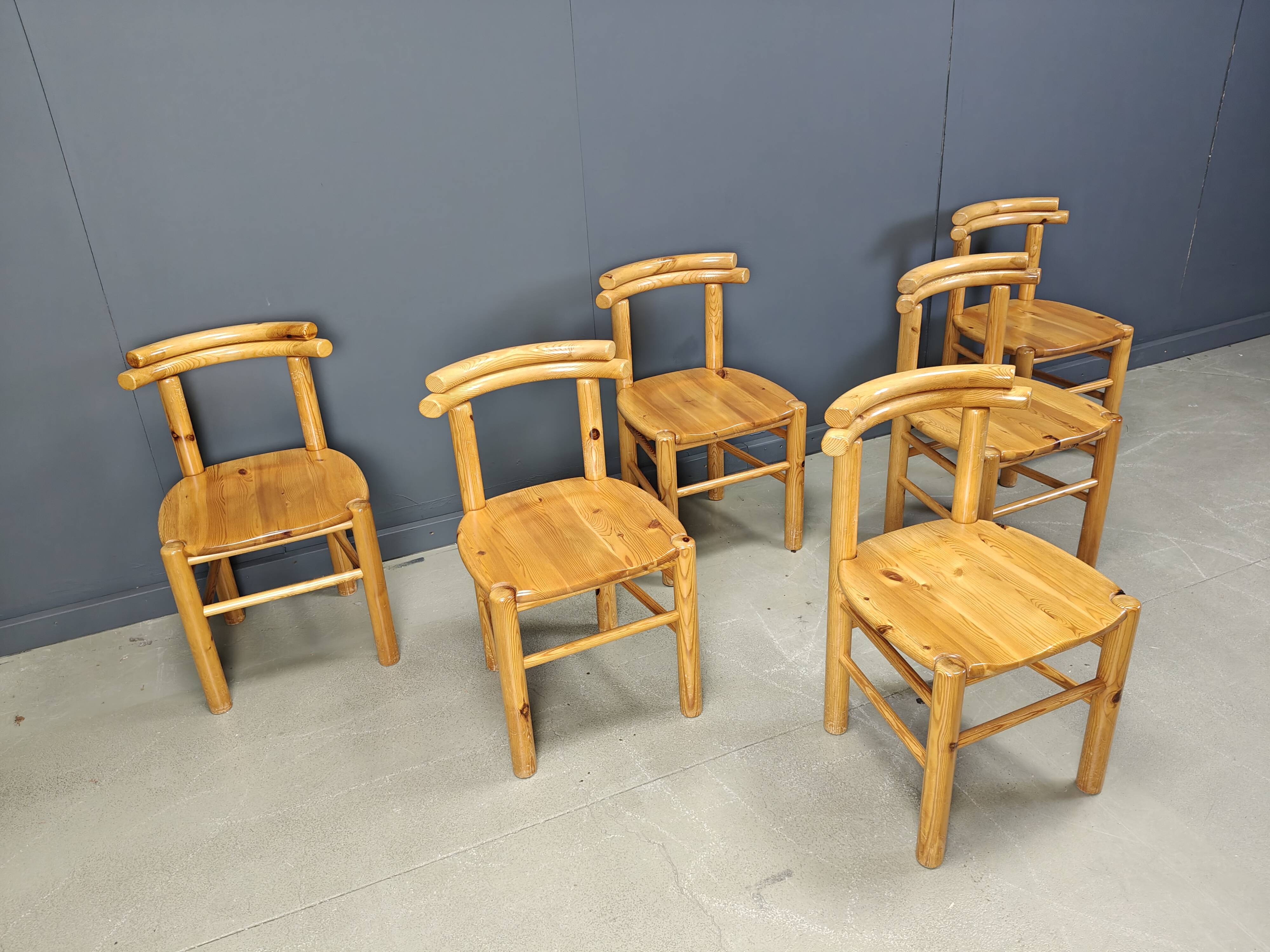 Vintage pine wood dining chairs - 1980s - set of 6