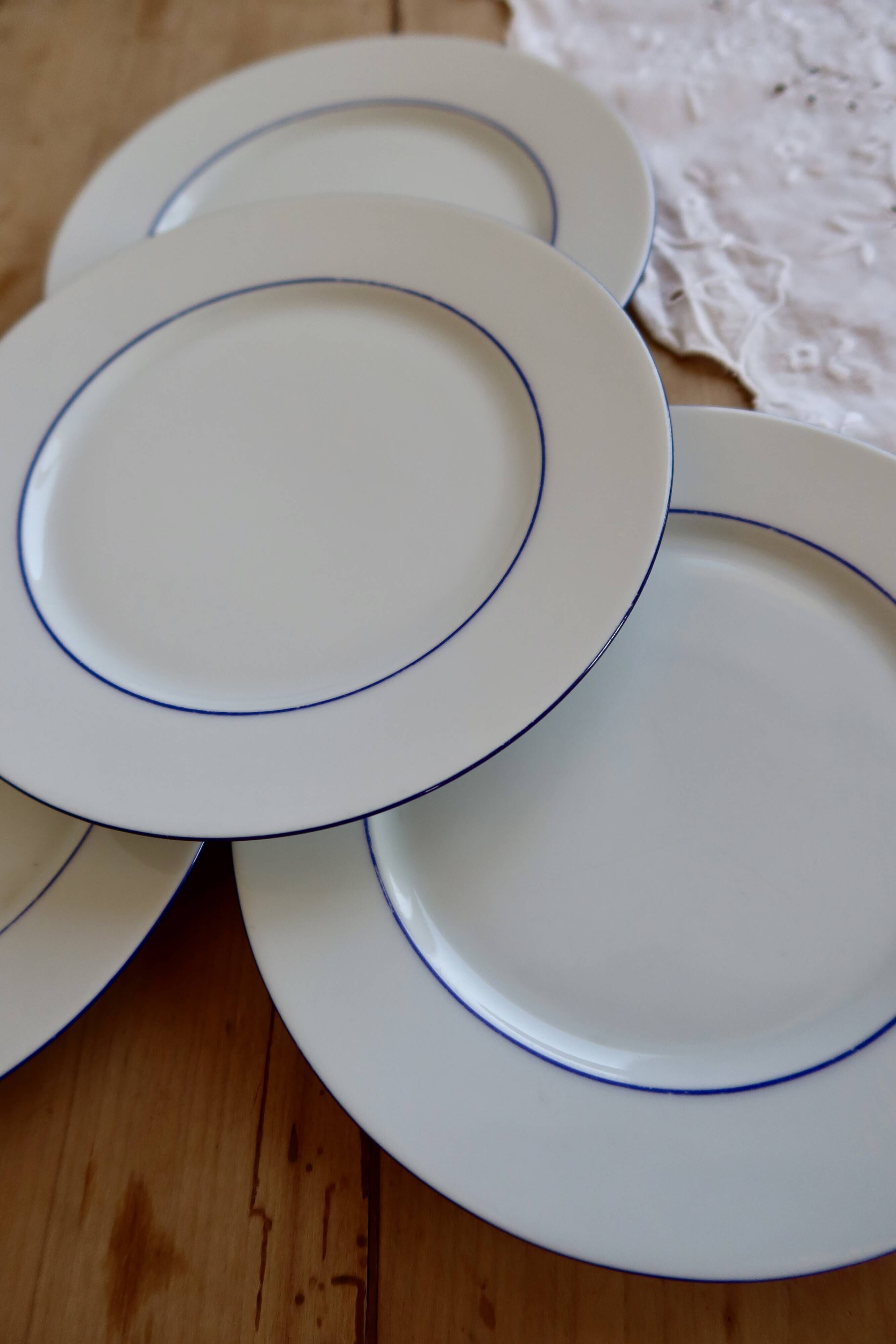 4 vintage dessert plates white porcelain with blue trim