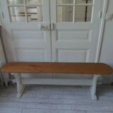 Vintage bench re-enchanted in pearl gray, wooden seat.