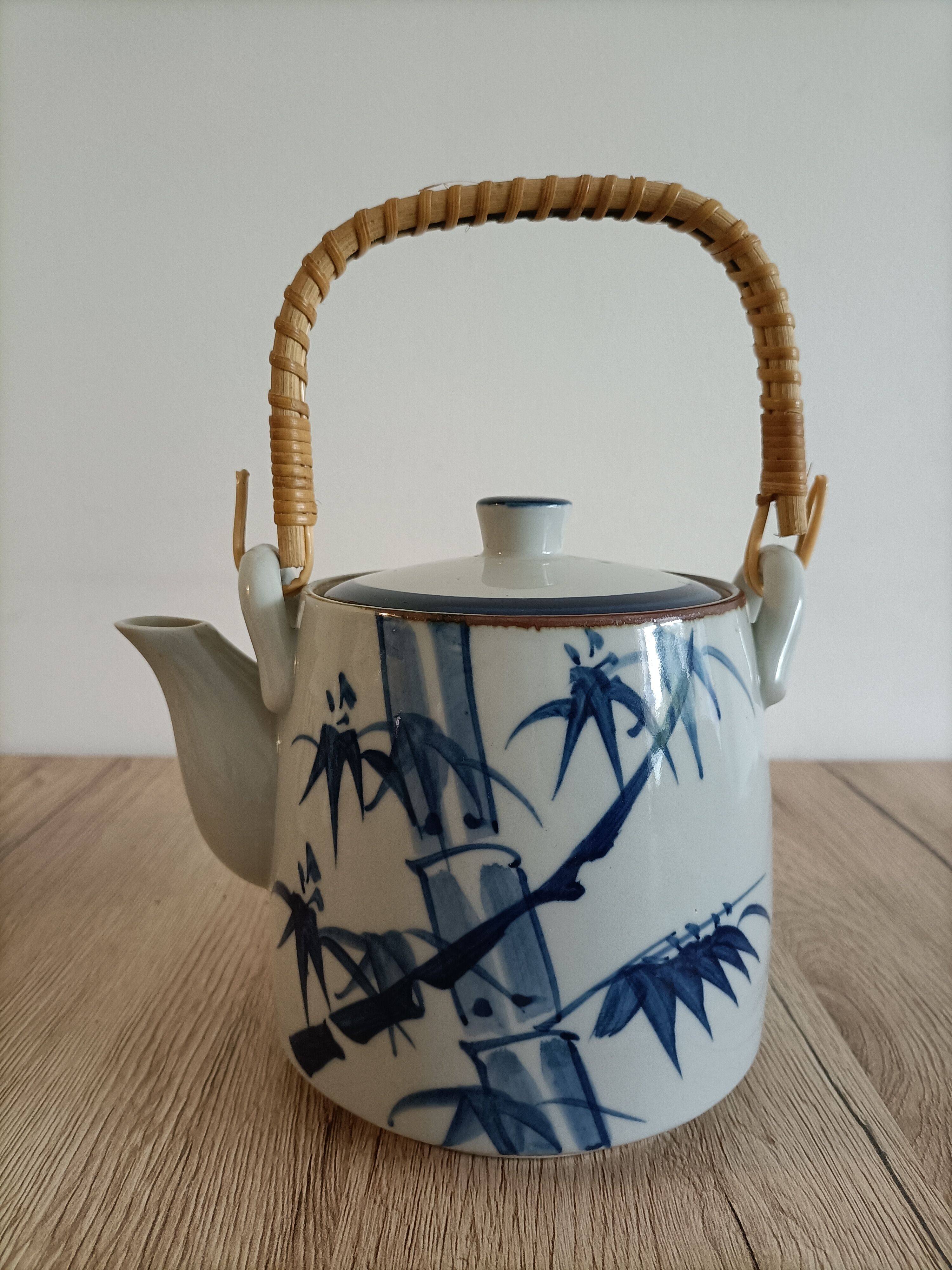 Japanese-inspired ceramic teapot blue bamboo pattern